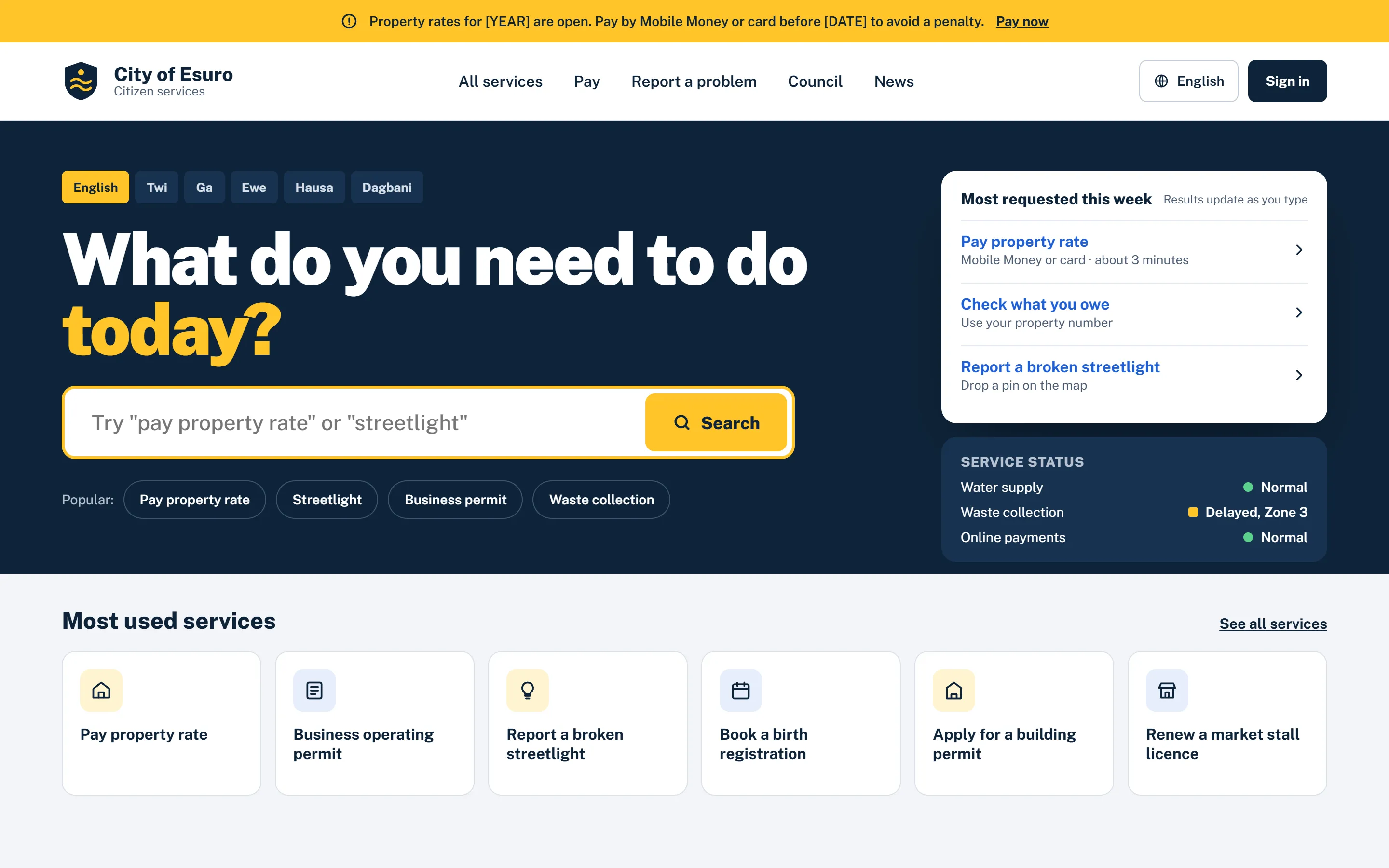 Esuro City Services government website mockup